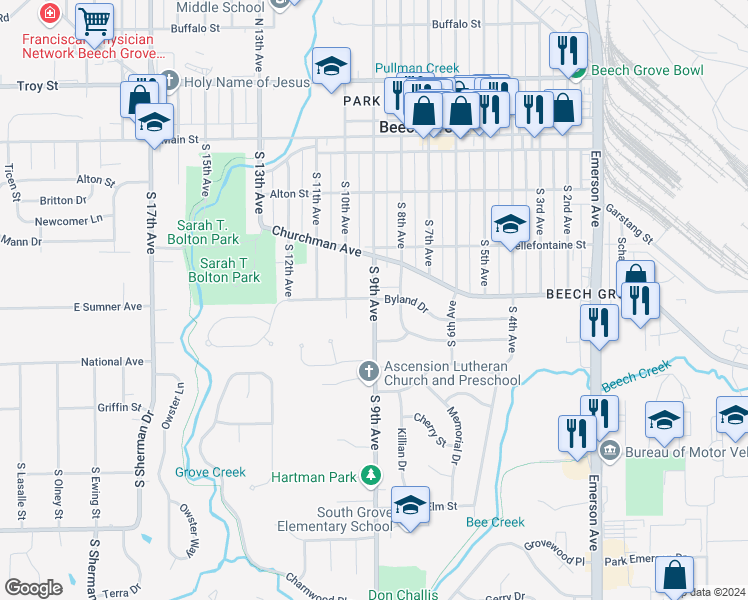 map of restaurants, bars, coffee shops, grocery stores, and more near in Beech Grove