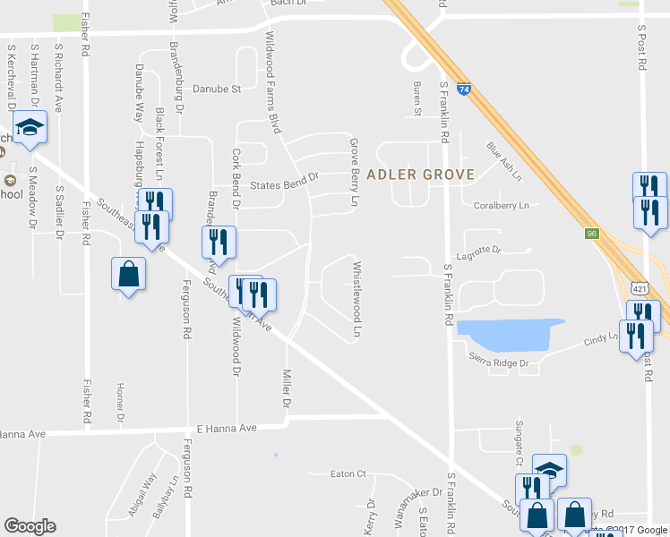 map of restaurants, bars, coffee shops, grocery stores, and more near 8119 Corktree Drive in Indianapolis