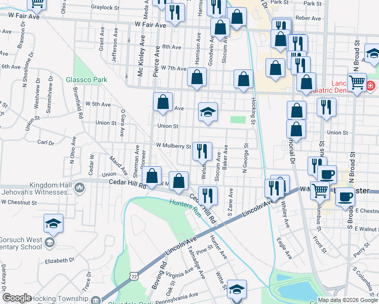 map of restaurants, bars, coffee shops, grocery stores, and more near 311 Harrison Avenue in Lancaster