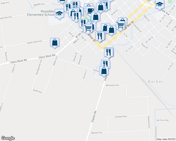 map of restaurants, bars, coffee shops, grocery stores, and more near 840 Pomona Avenue in Chico
