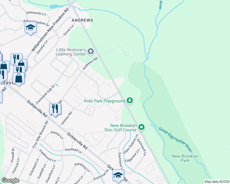 map of restaurants, bars, coffee shops, grocery stores, and more near 6 Logan Court in Sicklerville
