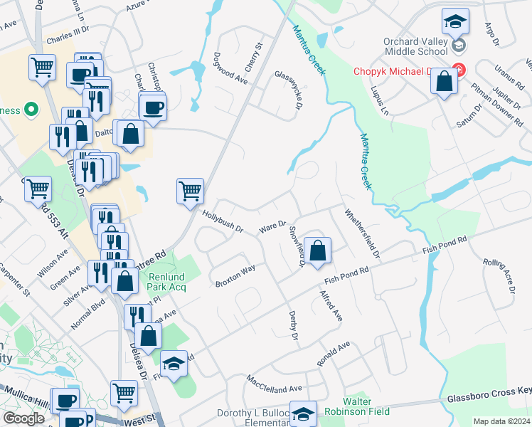 map of restaurants, bars, coffee shops, grocery stores, and more near 14 James Court in Glassboro