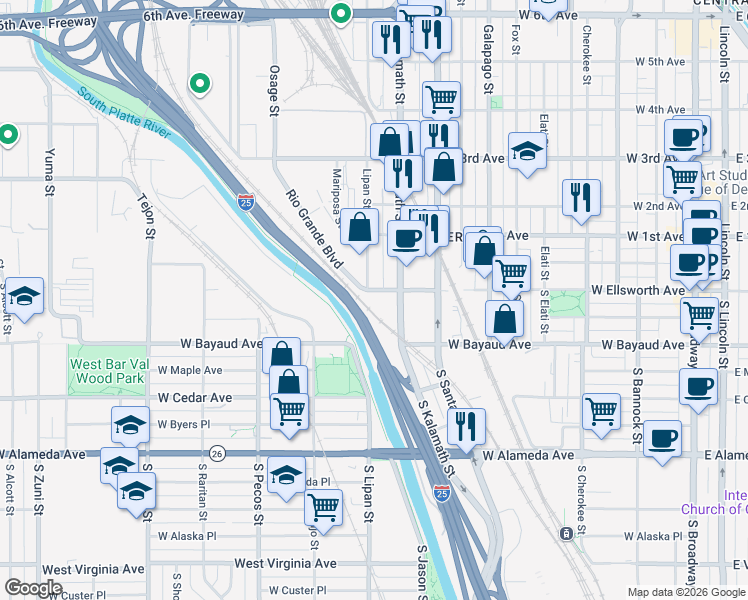map of restaurants, bars, coffee shops, grocery stores, and more near 22 Lipan Street in Denver