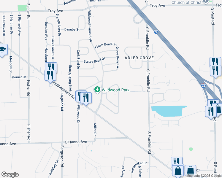 map of restaurants, bars, coffee shops, grocery stores, and more near 8119 Corktree Drive in Indianapolis