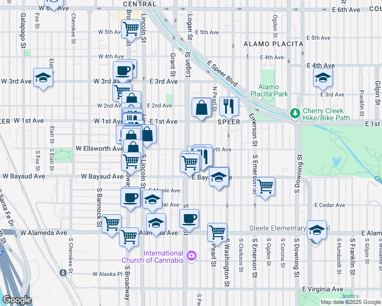 map of restaurants, bars, coffee shops, grocery stores, and more near 27 Pennsylvania Street in Denver