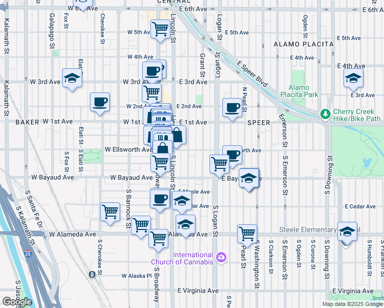 map of restaurants, bars, coffee shops, grocery stores, and more near 22 Sherman Street in Denver