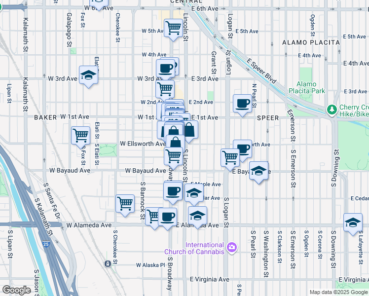 map of restaurants, bars, coffee shops, grocery stores, and more near in Denver