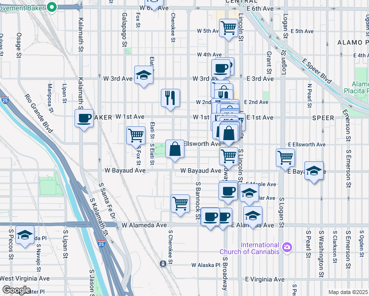map of restaurants, bars, coffee shops, grocery stores, and more near 17 Bannock Street in Denver