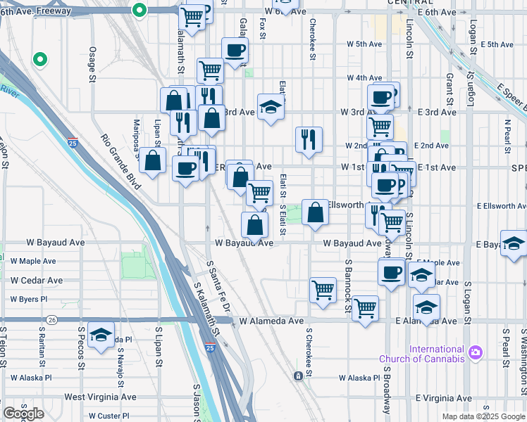 map of restaurants, bars, coffee shops, grocery stores, and more near 17 Fox Street in Denver