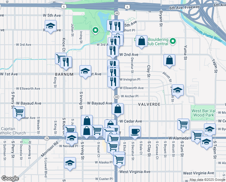 map of restaurants, bars, coffee shops, grocery stores, and more near 11 Federal Boulevard in Denver