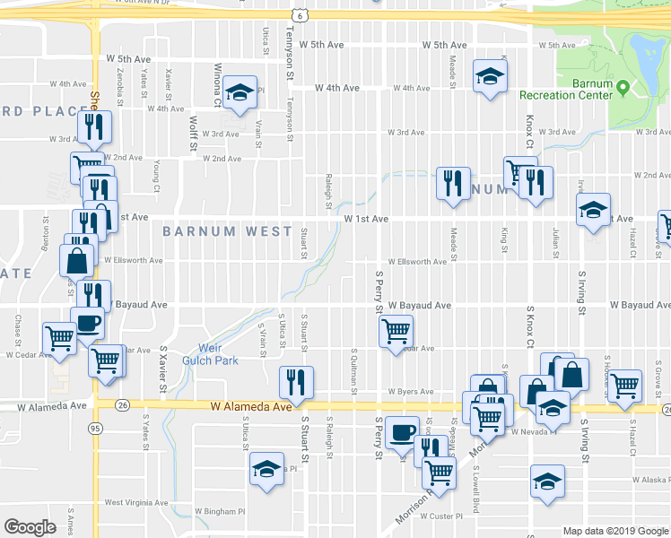 map of restaurants, bars, coffee shops, grocery stores, and more near 4201 West Ellsworth Avenue in Denver