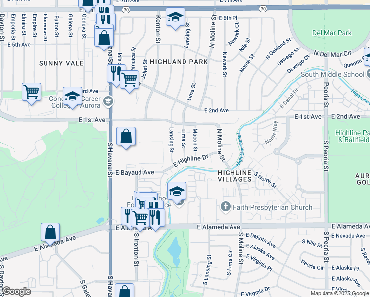 map of restaurants, bars, coffee shops, grocery stores, and more near 34 Lima Street in Aurora