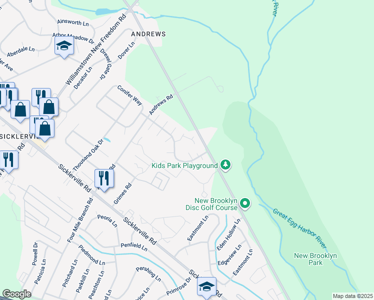 map of restaurants, bars, coffee shops, grocery stores, and more near 14 Lamont Court in Sicklerville