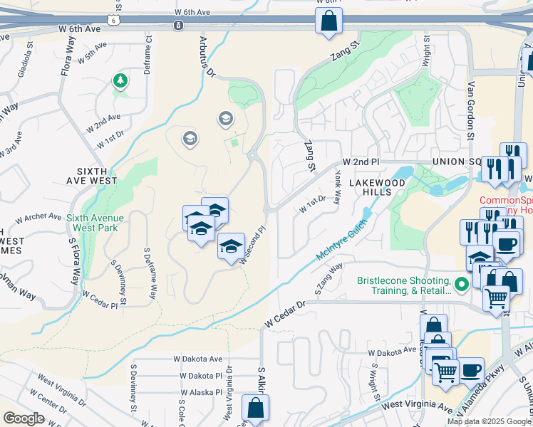 map of restaurants, bars, coffee shops, grocery stores, and more near 13600 West 2nd Place in Lakewood