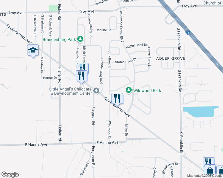 map of restaurants, bars, coffee shops, grocery stores, and more near 3565 Cork Bend Drive in Indianapolis