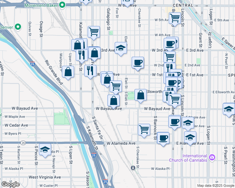 map of restaurants, bars, coffee shops, grocery stores, and more near 9 South Fox Street in Denver