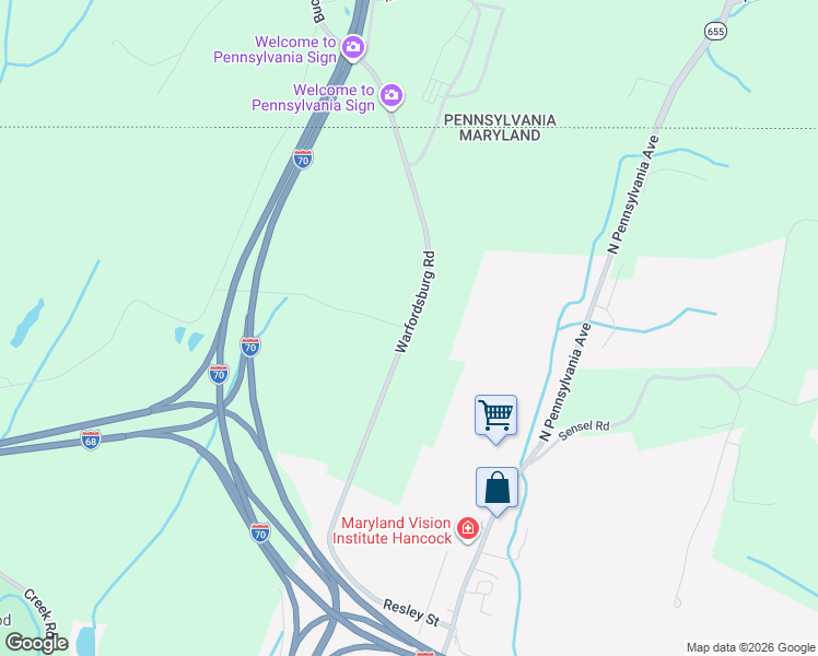 map of restaurants, bars, coffee shops, grocery stores, and more near 14795 Warfordsburg Road in Hancock