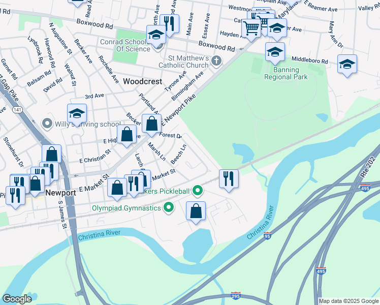 map of restaurants, bars, coffee shops, grocery stores, and more near 315 Forest Drive in Wilmington