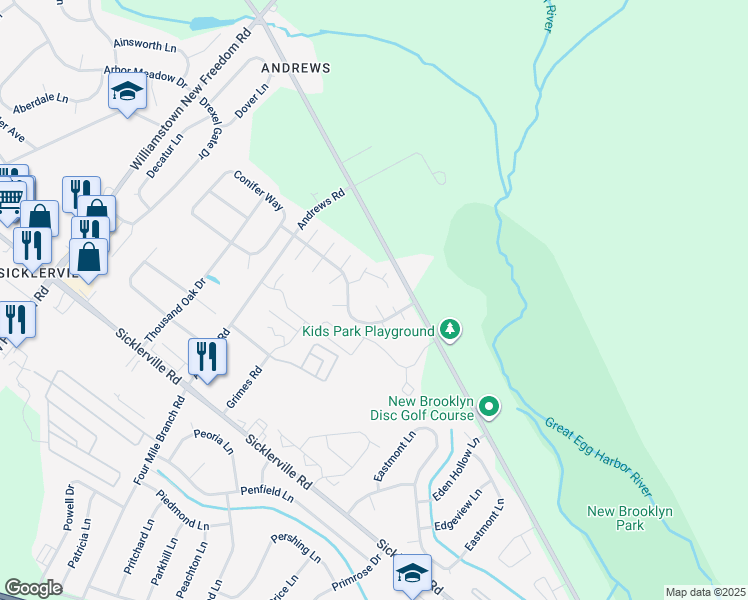 map of restaurants, bars, coffee shops, grocery stores, and more near 14 Lamont Court in Sicklerville
