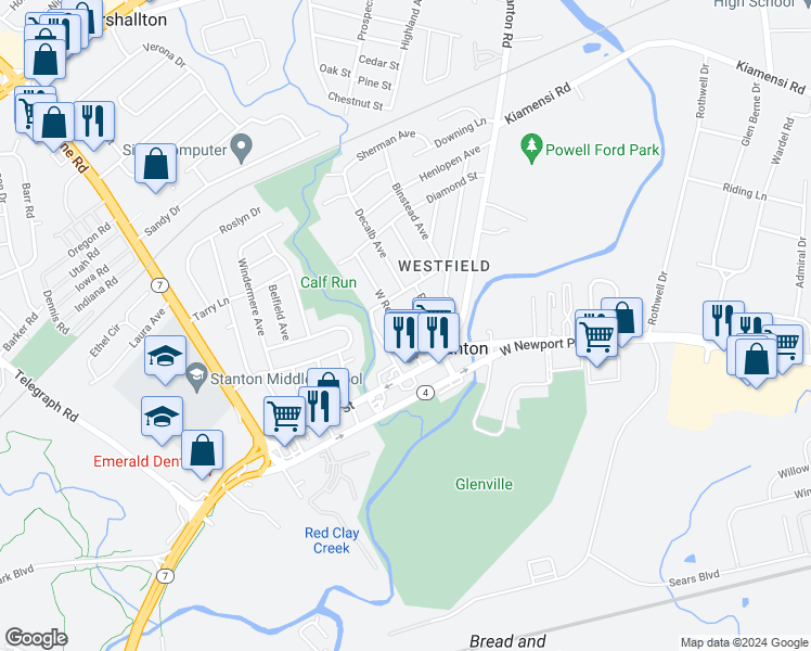 map of restaurants, bars, coffee shops, grocery stores, and more near 101 West Redwood Avenue in Wilmington