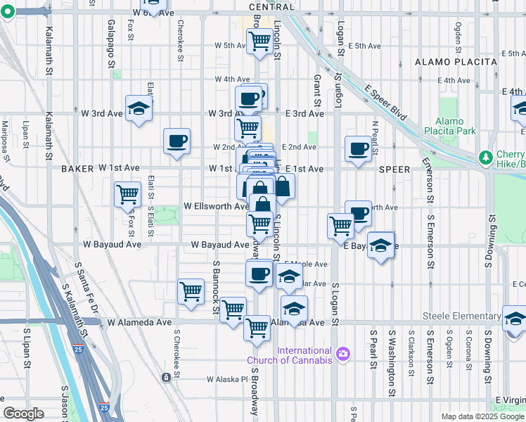 map of restaurants, bars, coffee shops, grocery stores, and more near in Denver