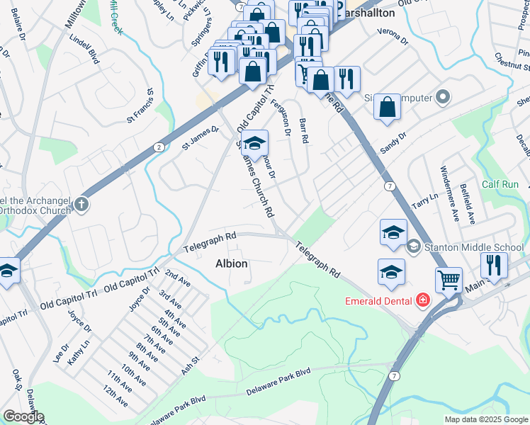 map of restaurants, bars, coffee shops, grocery stores, and more near 2031 Saint James Church Road in Wilmington
