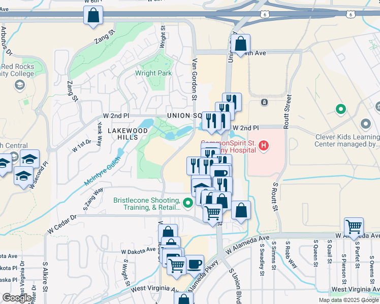 map of restaurants, bars, coffee shops, grocery stores, and more near 66 Van Gordon Street in Lakewood