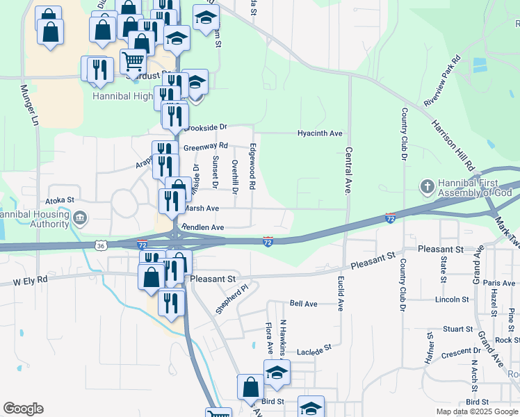 map of restaurants, bars, coffee shops, grocery stores, and more near 2710 Marsh Avenue in Hannibal