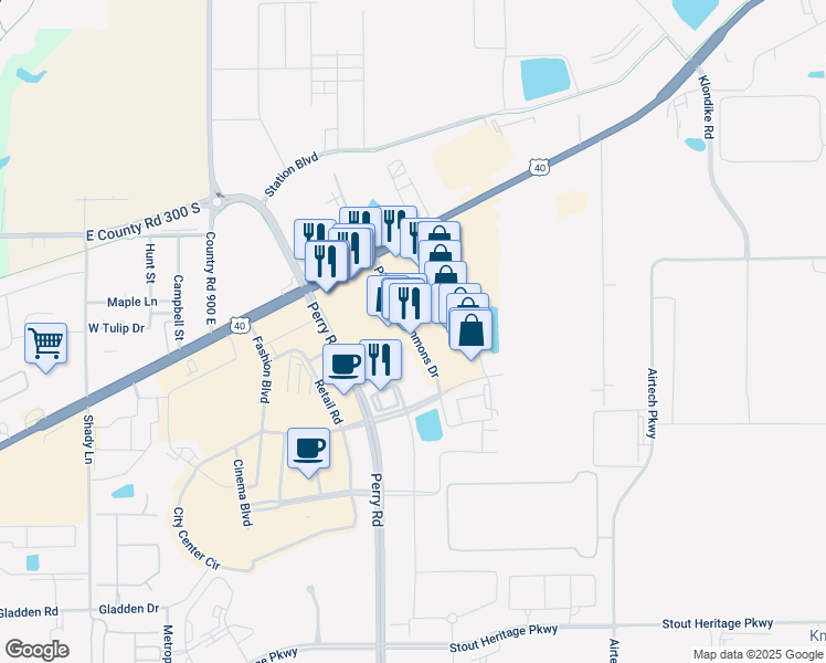 map of restaurants, bars, coffee shops, grocery stores, and more near Plainfield Commons Drive in Plainfield