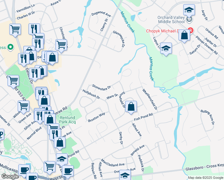 map of restaurants, bars, coffee shops, grocery stores, and more near 30 Canterbury Court in Glassboro