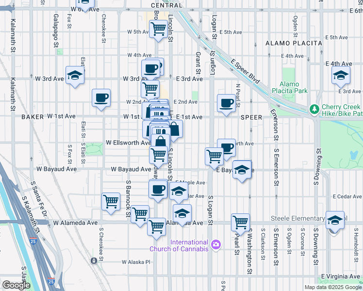 map of restaurants, bars, coffee shops, grocery stores, and more near 1 South Sherman Street in Denver