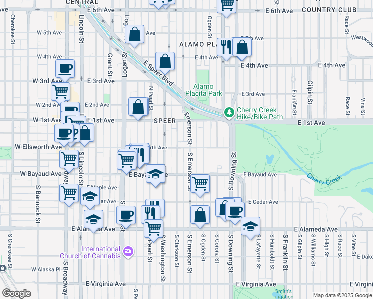 map of restaurants, bars, coffee shops, grocery stores, and more near 25 Emerson Street in Denver