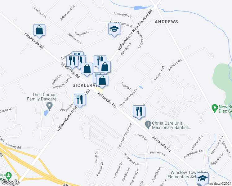 map of restaurants, bars, coffee shops, grocery stores, and more near 27 Sassafras Drive in Sicklerville