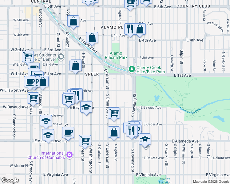 map of restaurants, bars, coffee shops, grocery stores, and more near 29 Ogden Street in Denver