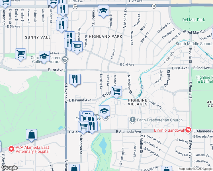 map of restaurants, bars, coffee shops, grocery stores, and more near 58 Lansing Street in Aurora