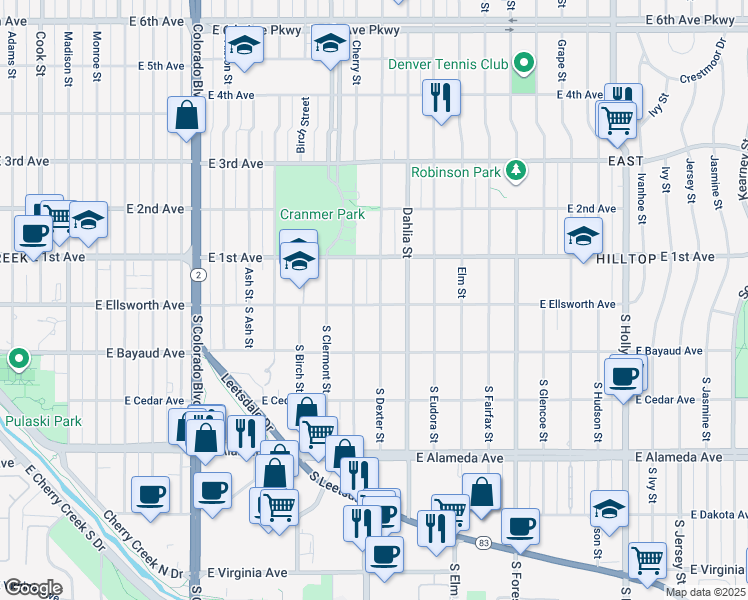 map of restaurants, bars, coffee shops, grocery stores, and more near 44 Dexter Street in Denver