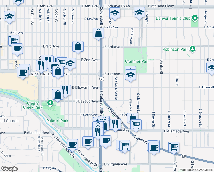 map of restaurants, bars, coffee shops, grocery stores, and more near 43 Albion Street in Denver