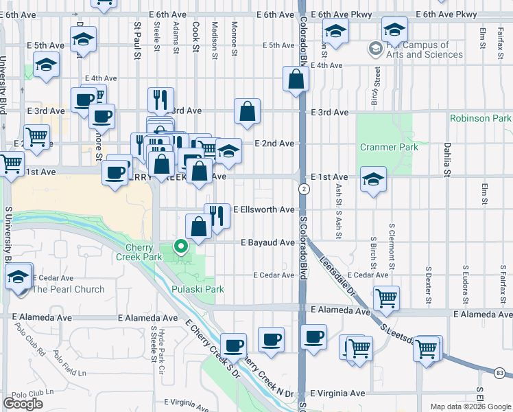 map of restaurants, bars, coffee shops, grocery stores, and more near 3740 East 1st Avenue in Denver