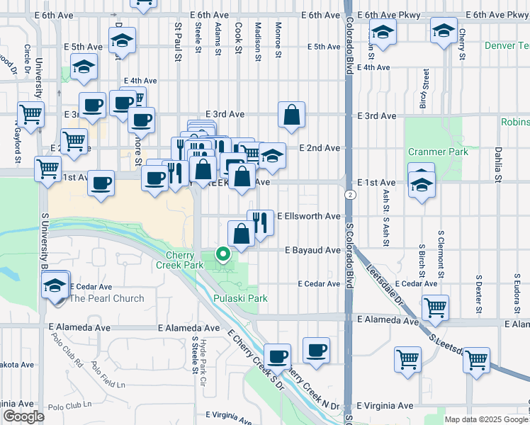 map of restaurants, bars, coffee shops, grocery stores, and more near 40 Madison Street in Denver