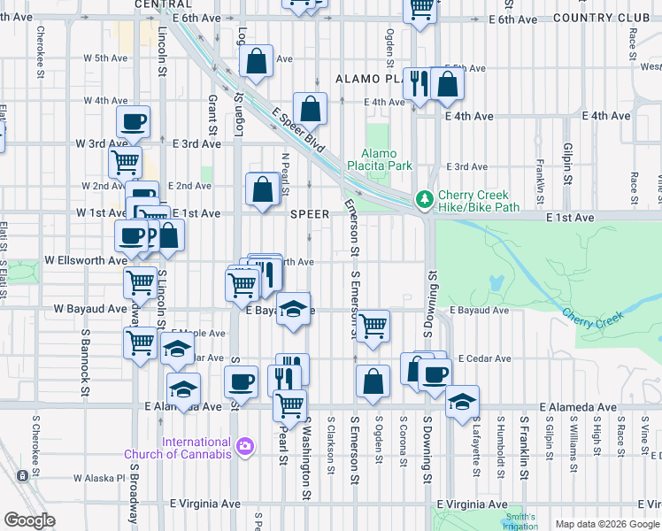 map of restaurants, bars, coffee shops, grocery stores, and more near 25 Emerson Street in Denver