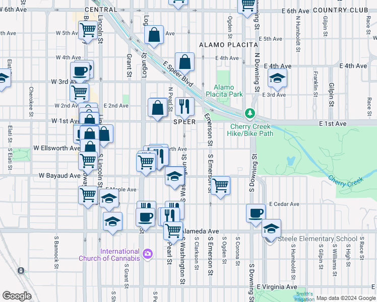 map of restaurants, bars, coffee shops, grocery stores, and more near 18 North Washington Street in Denver