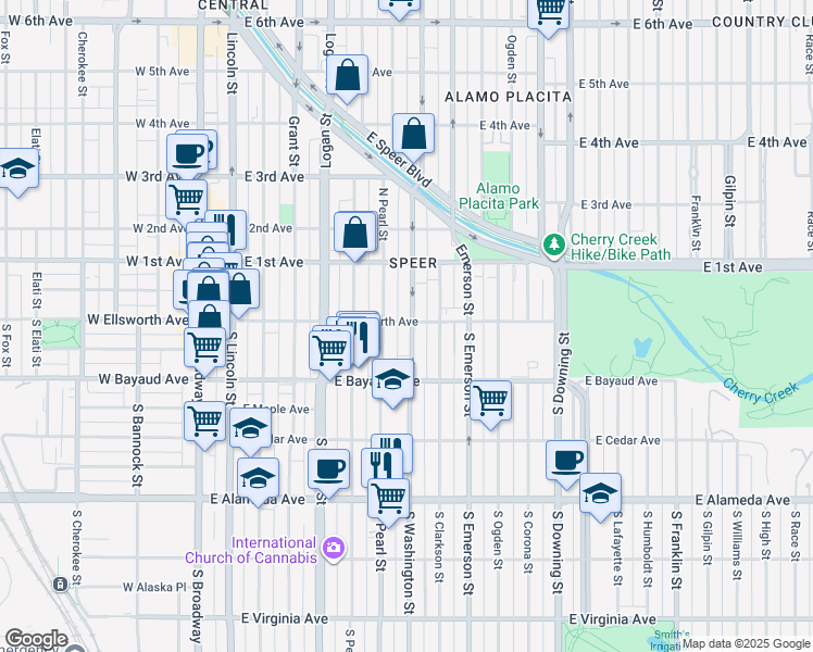 map of restaurants, bars, coffee shops, grocery stores, and more near 18 North Washington Street in Denver
