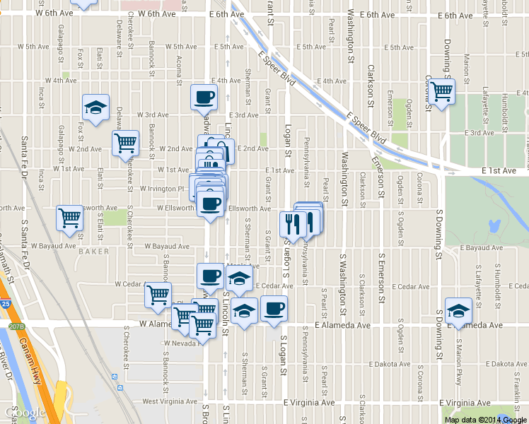 map of restaurants, bars, coffee shops, grocery stores, and more near 16t Grant Street in Denver