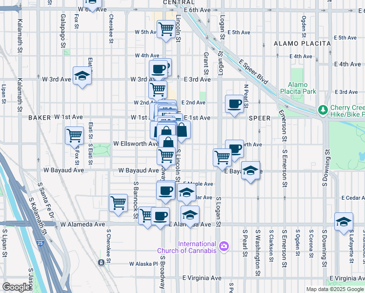 map of restaurants, bars, coffee shops, grocery stores, and more near in Denver