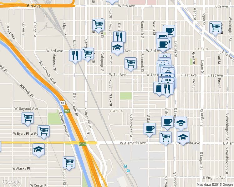 map of restaurants, bars, coffee shops, grocery stores, and more near 19 Elati Street in Denver