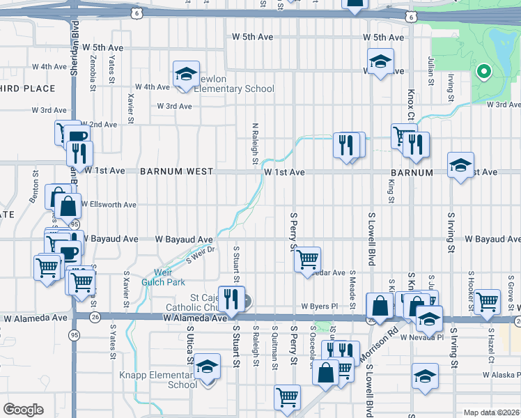 map of restaurants, bars, coffee shops, grocery stores, and more near 4201 West Ellsworth Avenue in Denver