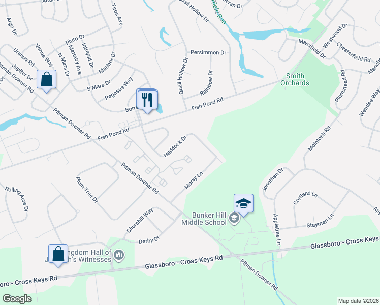 map of restaurants, bars, coffee shops, grocery stores, and more near 43 Haddock Drive in Washington Township