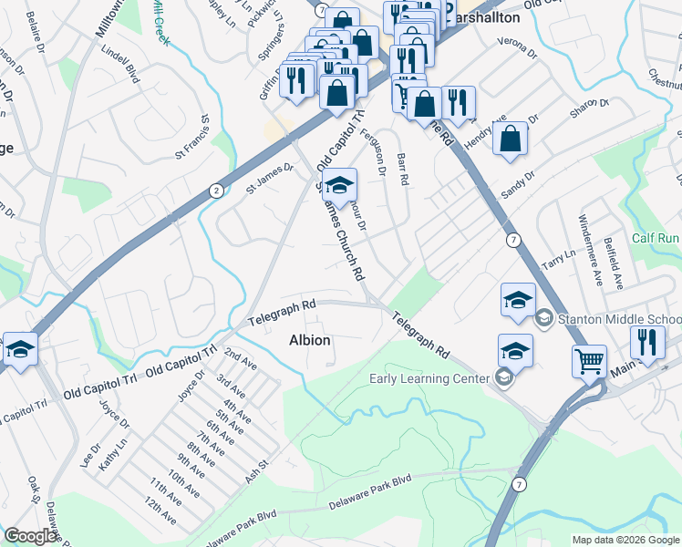 map of restaurants, bars, coffee shops, grocery stores, and more near 2038 Saint James Church Road in Wilmington