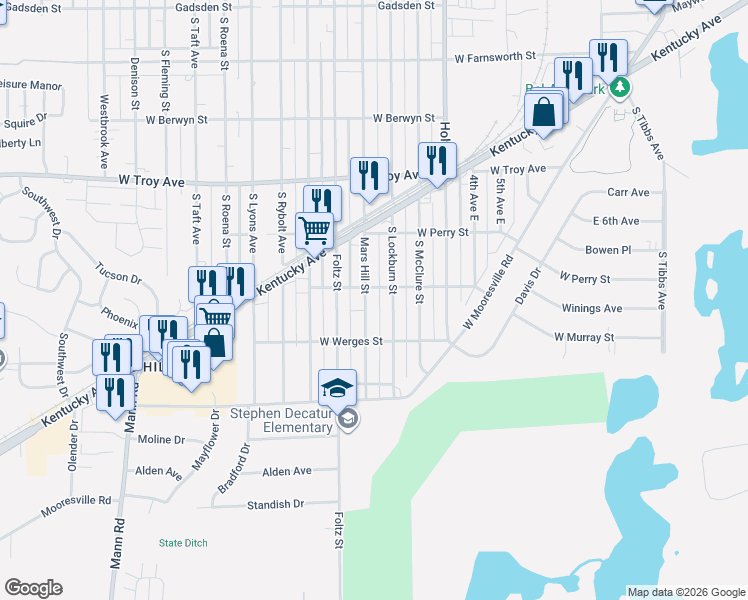 map of restaurants, bars, coffee shops, grocery stores, and more near 3150 South Lockburn Street in Indianapolis