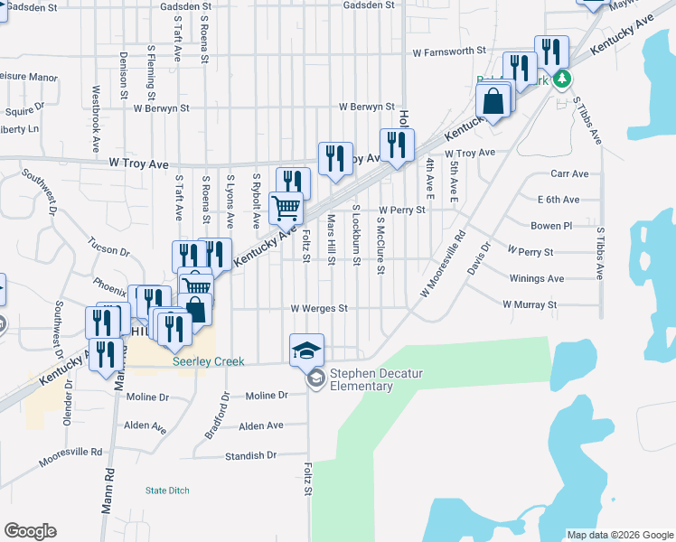 map of restaurants, bars, coffee shops, grocery stores, and more near 3156 Mars Hill Street in Indianapolis